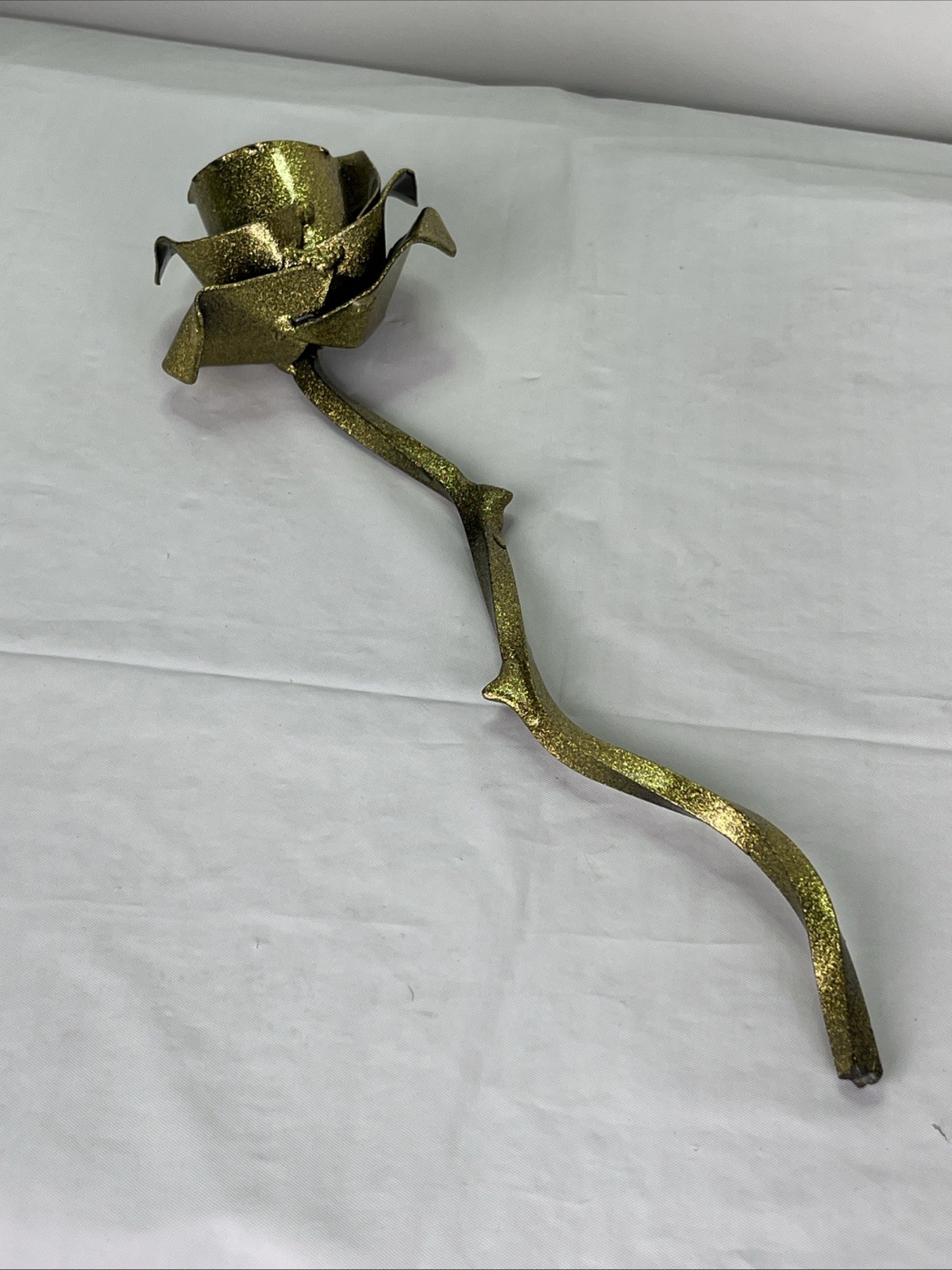 Hand Forged Rustic Metal Rose w/ Thorns Sculpture Gold Sparkles