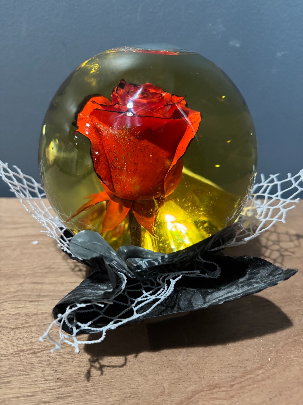 Forever Red Rose wBlack Edges In Glass Ball Water Dome Globe Large Real Rose