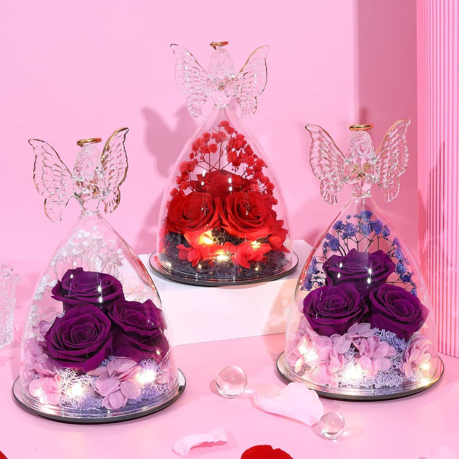 Mothers Day Rose Gifts for Women Preserved Real Flower in Glass Angel Figurines
