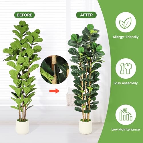 Artificial Fiddle Leaf Fig Tree with White Planter, Fake 6ft 11in Set of 1