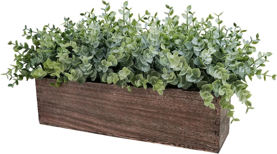 Winlyn 14″ Artificial Eucalyptus in Rectangular Wood Planter Box Faux Plants Arr