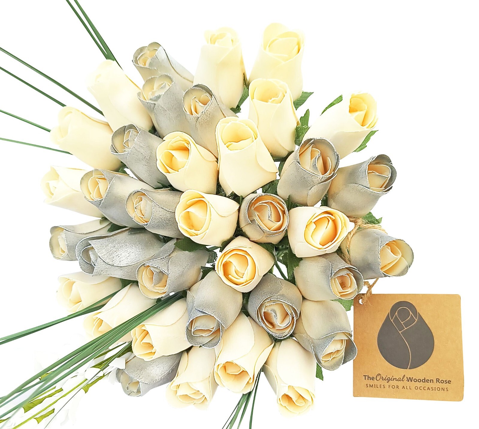 25 Year Anniversary Silver and White Bouquet. The Original Wooden Rose 1,2,3 Doz