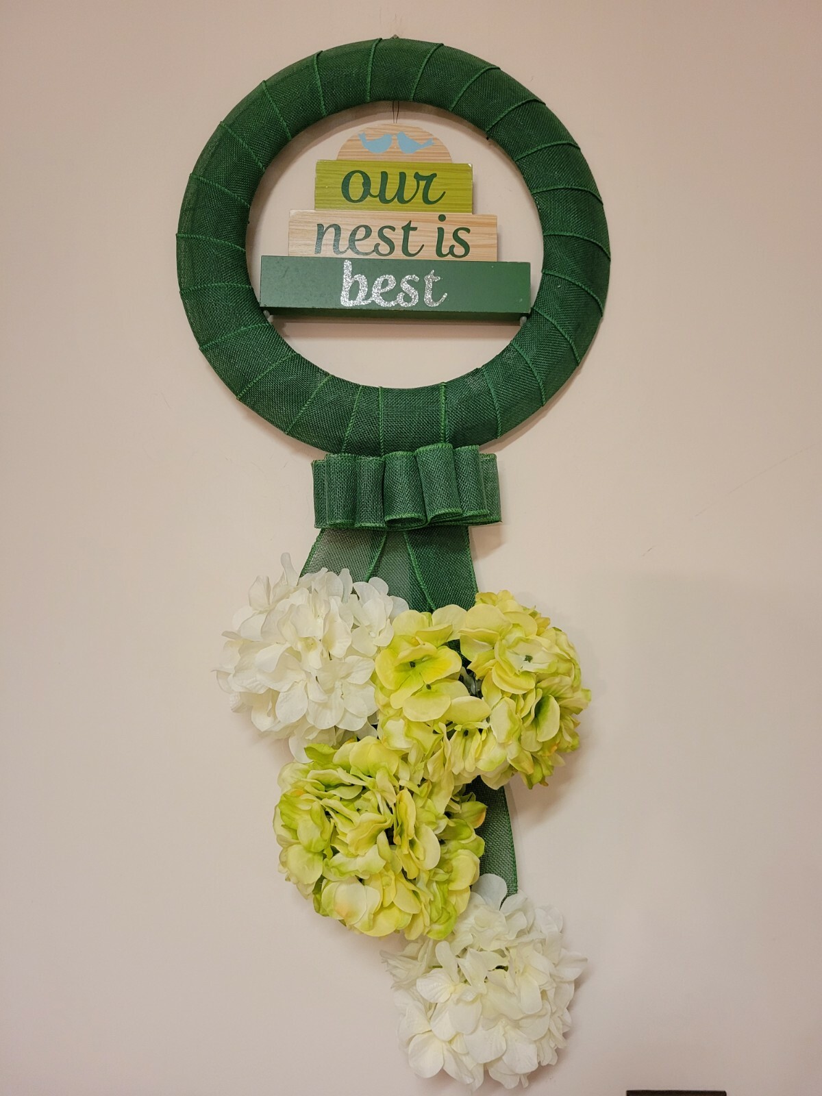 OUR NEST IS THE BEST wreat WHITE GREEN Hydrangeas burlap Decor Front Door SUMMER