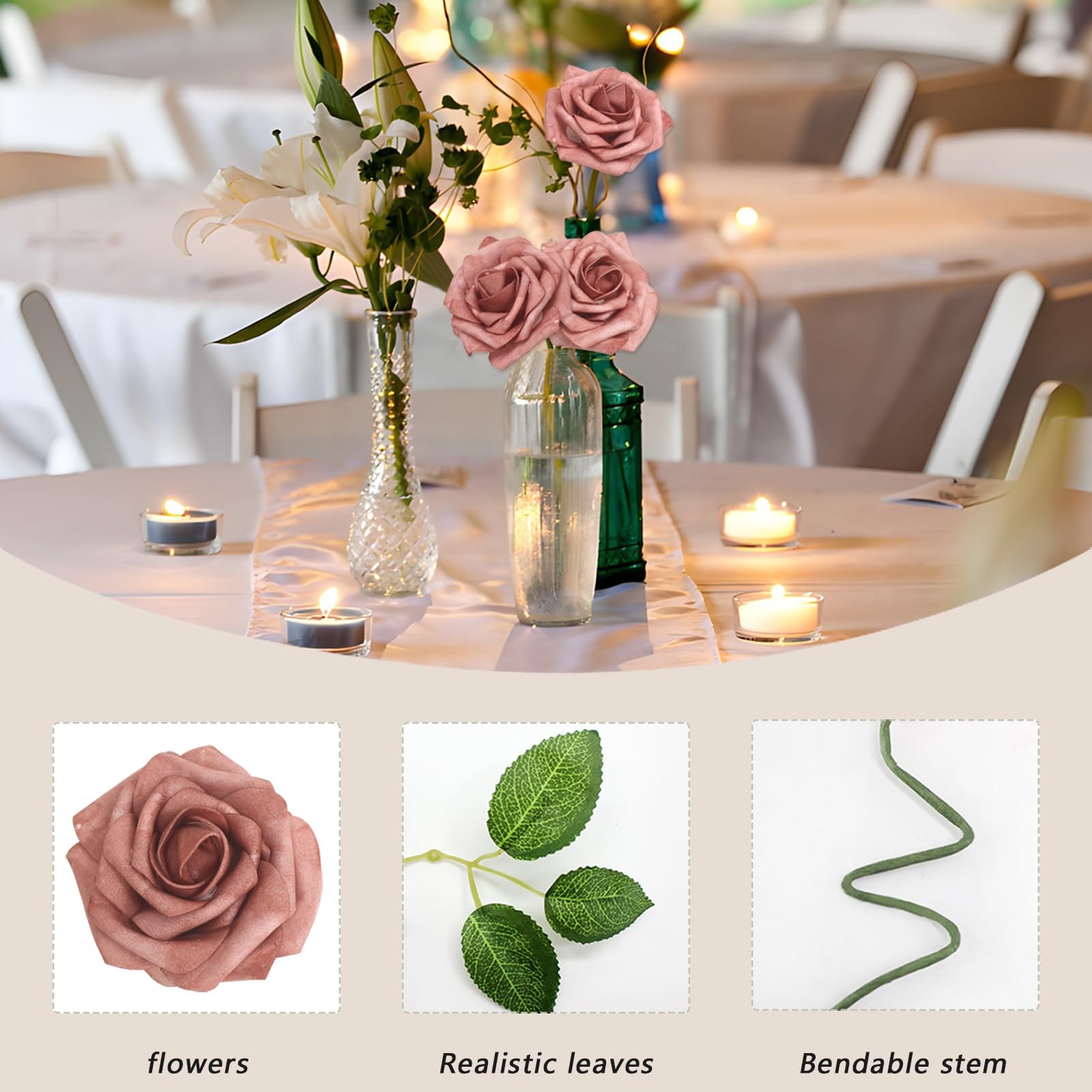 100 PCS Warm Taupe Artificial Flowers Roses Foam Fake Leaves Wedding Bridal