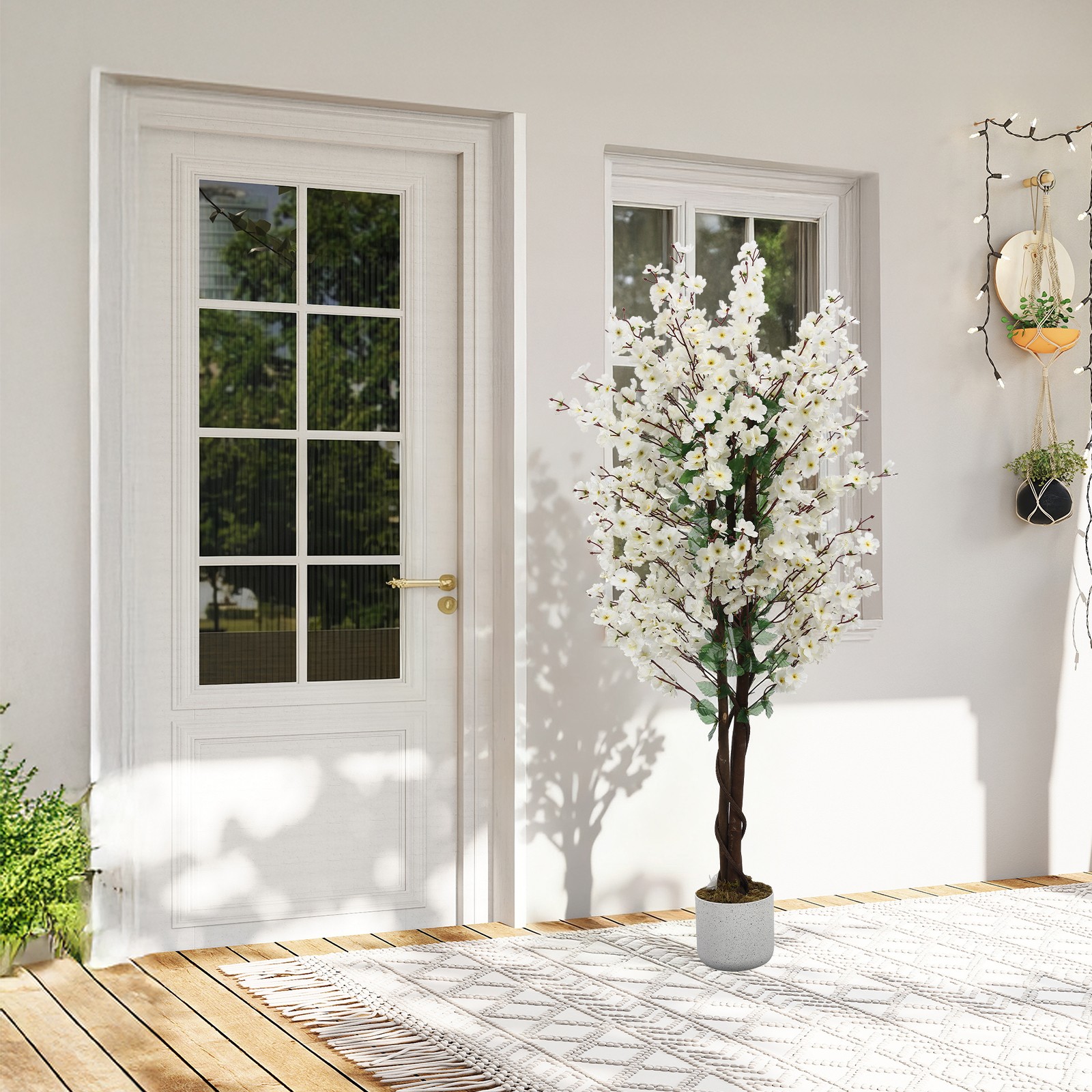 5FT Artificial Wintersweet Tree w/White Flowers Faux Blooming Tree in Pot Decor