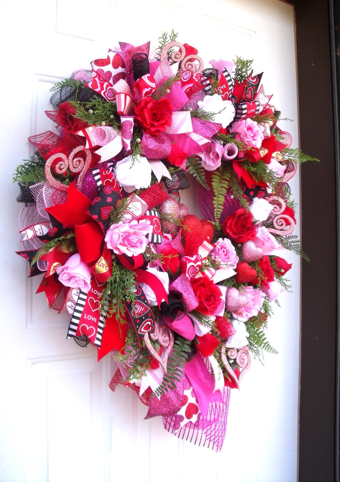 Valentine Ribbons & Roses Wreath-Hearts-Greenery, Reds/Pinks/White-Door or Wall