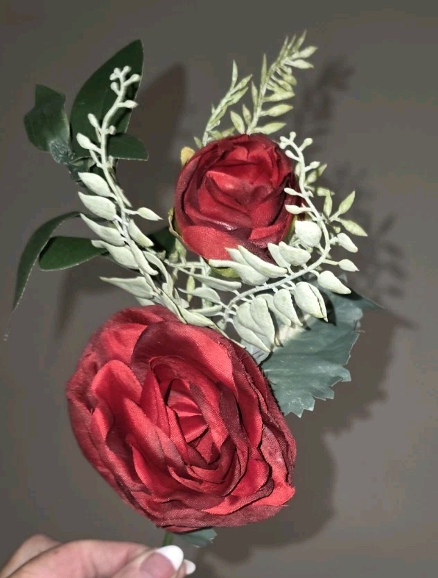 5 Pack -9in Red Open Rose With Bud Pick W/greenery Artificial Silk Flower