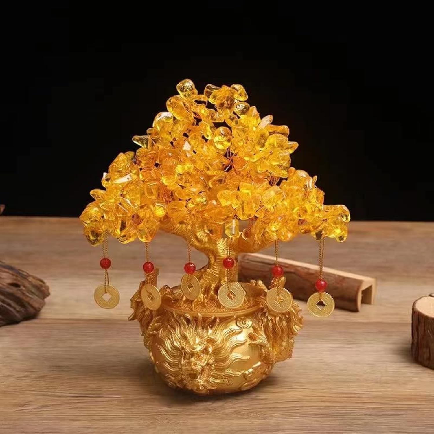 BAEKZ Crystal Bonsai Citrine Tree Money Feng Shui 6in, Gold Color
