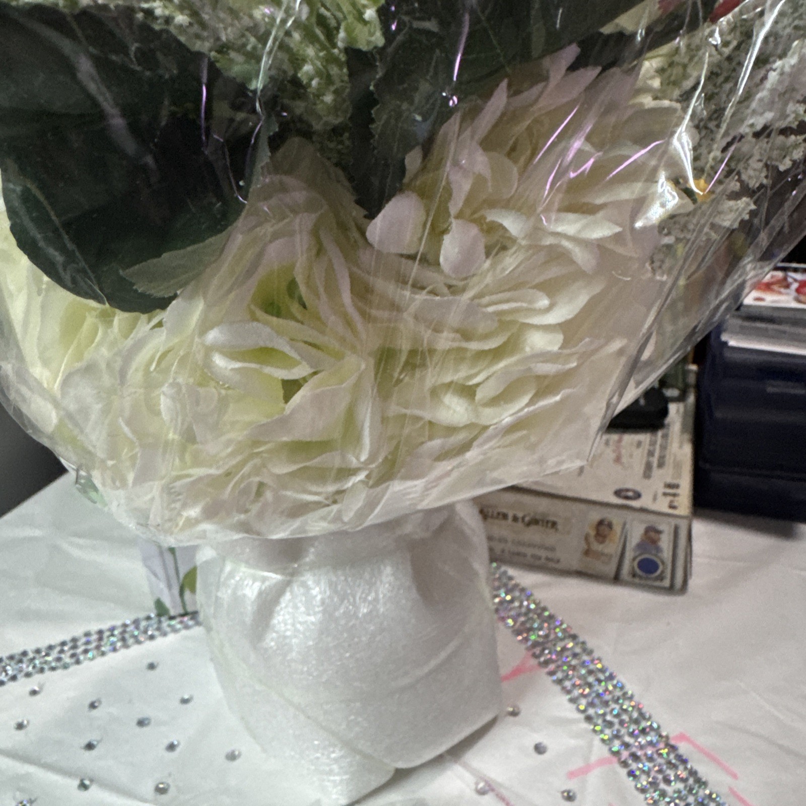 Artificial Rose And Hydrangea Bouquet With Clear Glass Case And Fairy Lights NIB