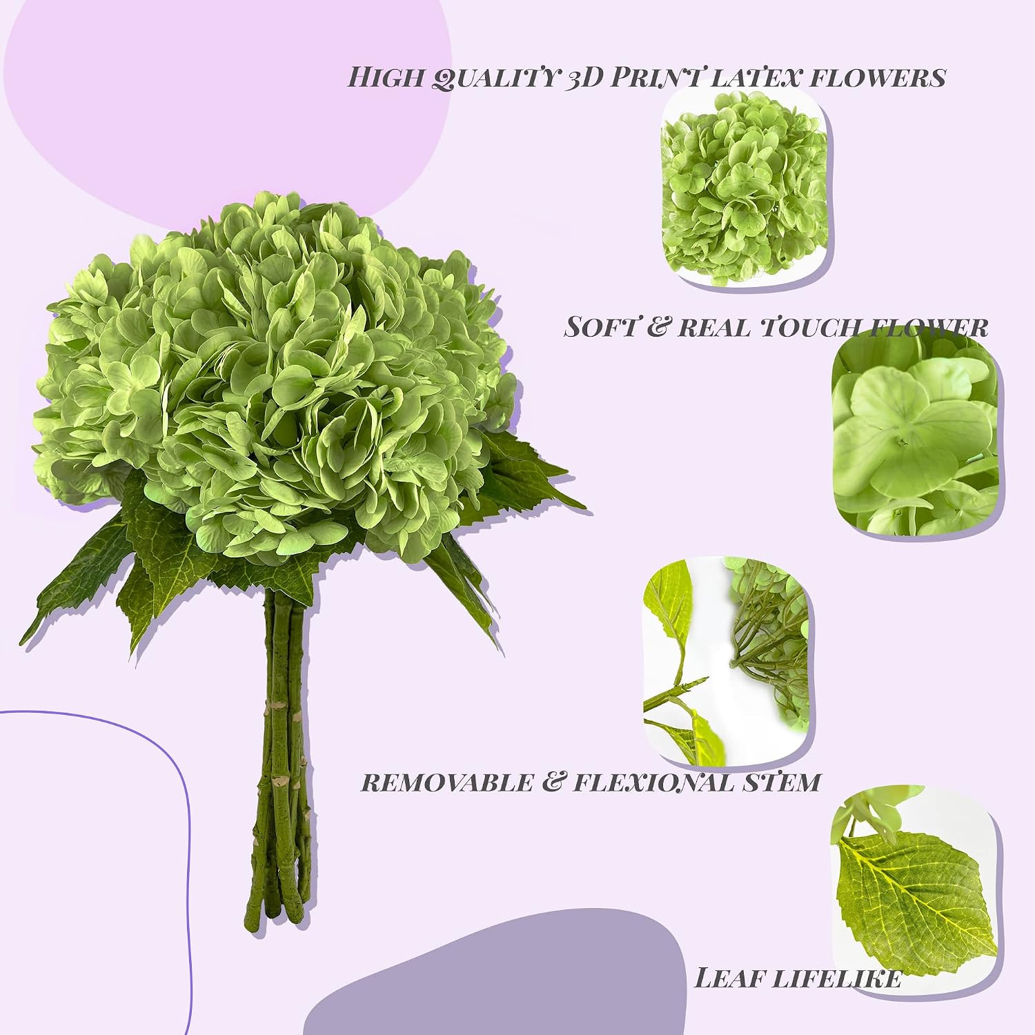 21In Bottle Green Hydrangea Flowers – 5 Pcs Real Touch for Weddings & Decor