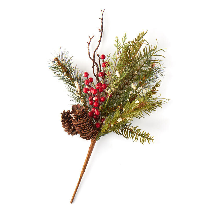 Artificial 16″ Snowy Red Berry and Pine Spray with Pinecones