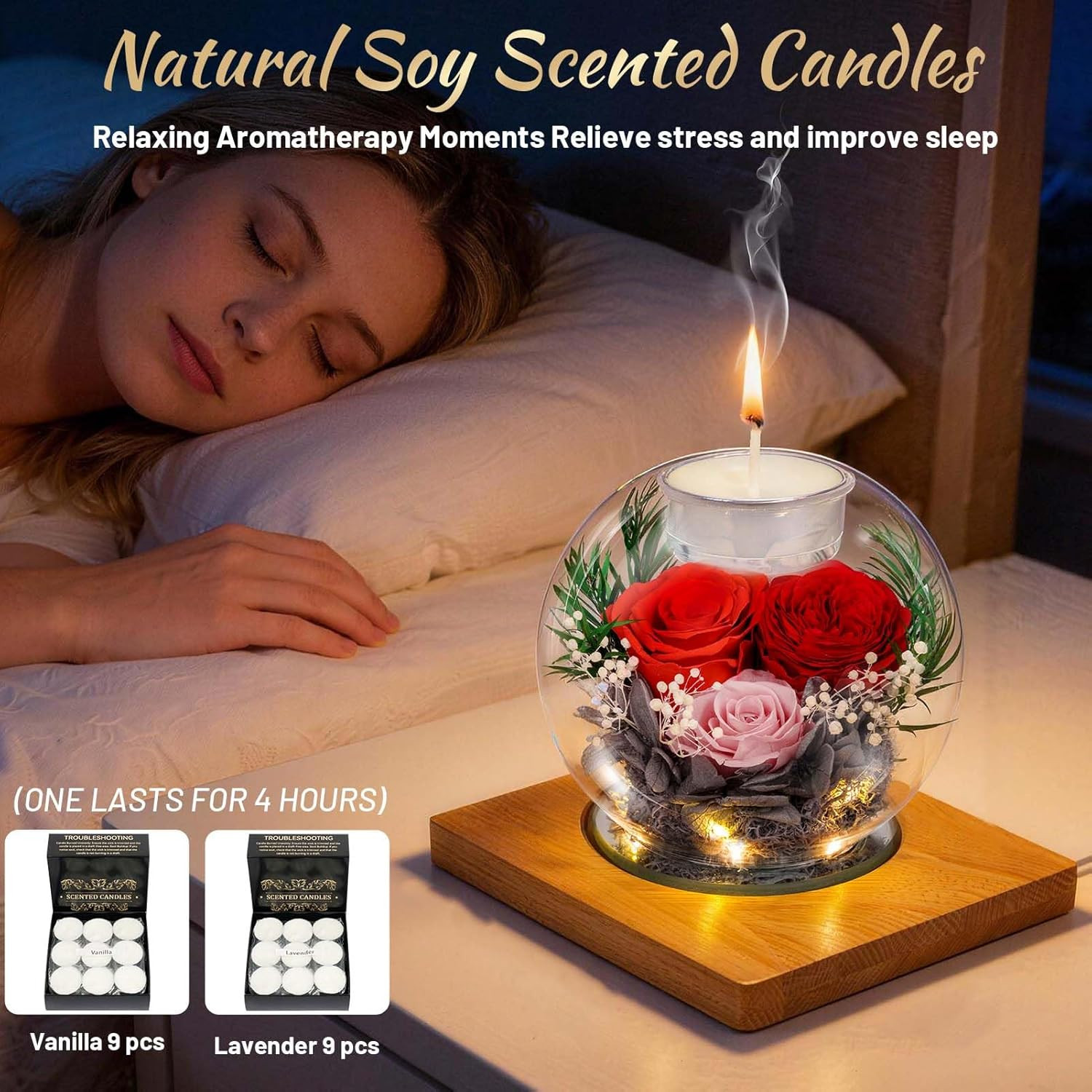 Preserved Red Real Rose in Glass with Scented Candles – Forever Flower Romantic