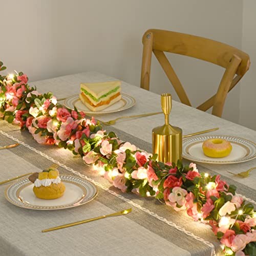 5Pcs 41Ft Flower Garland Artificial Rose Vines with 5 Pcs Pink With Lights
