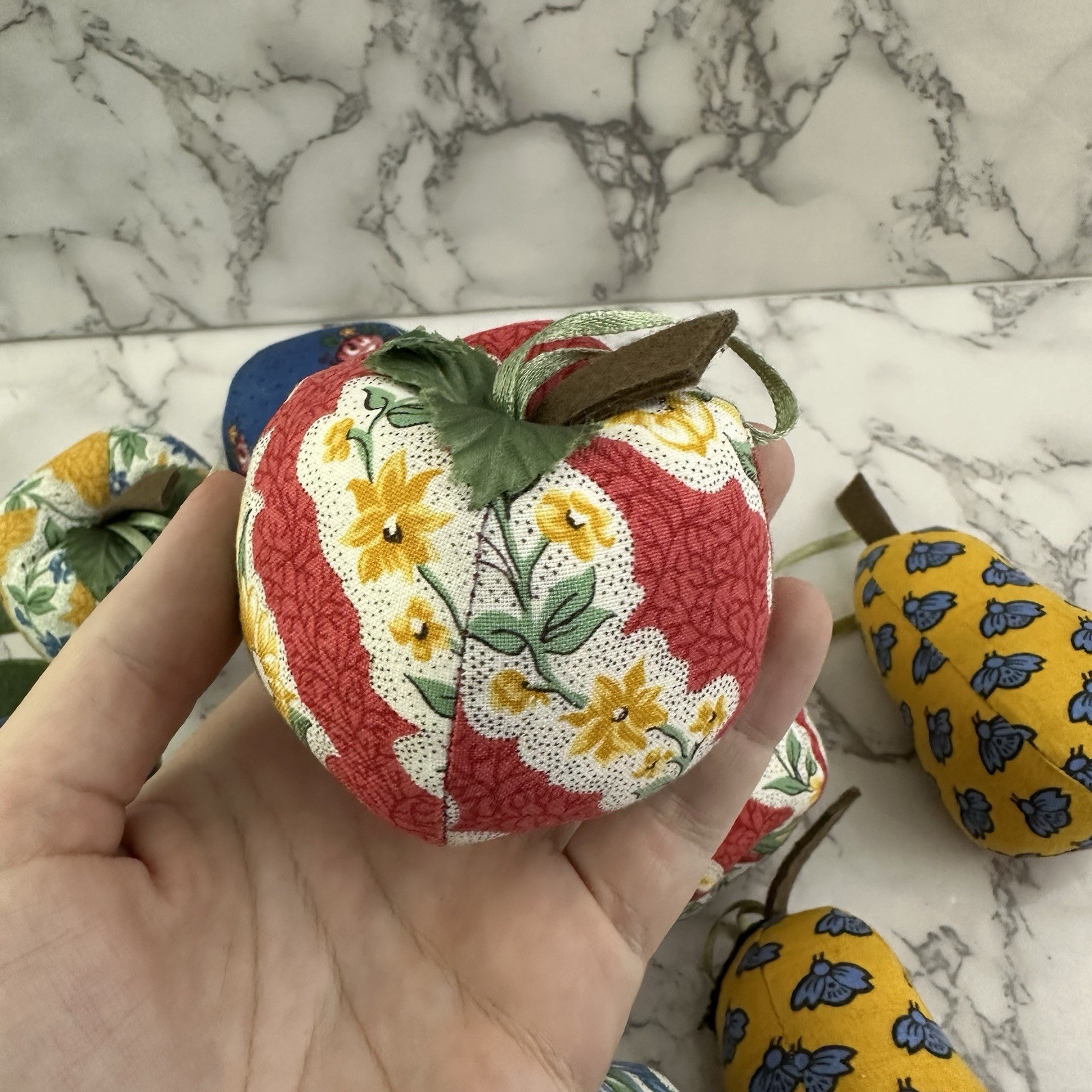 Vintage 90s Fabric Fruit Vase Filler Bowl Decor Blue Yellow Cottage Apple Pears