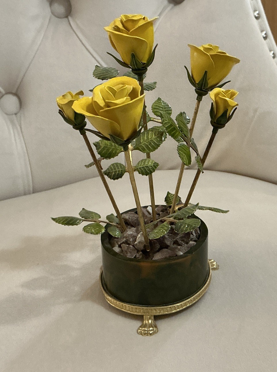 Enamel on Copper Yellow Potted Roses On Footed Base Vintage.