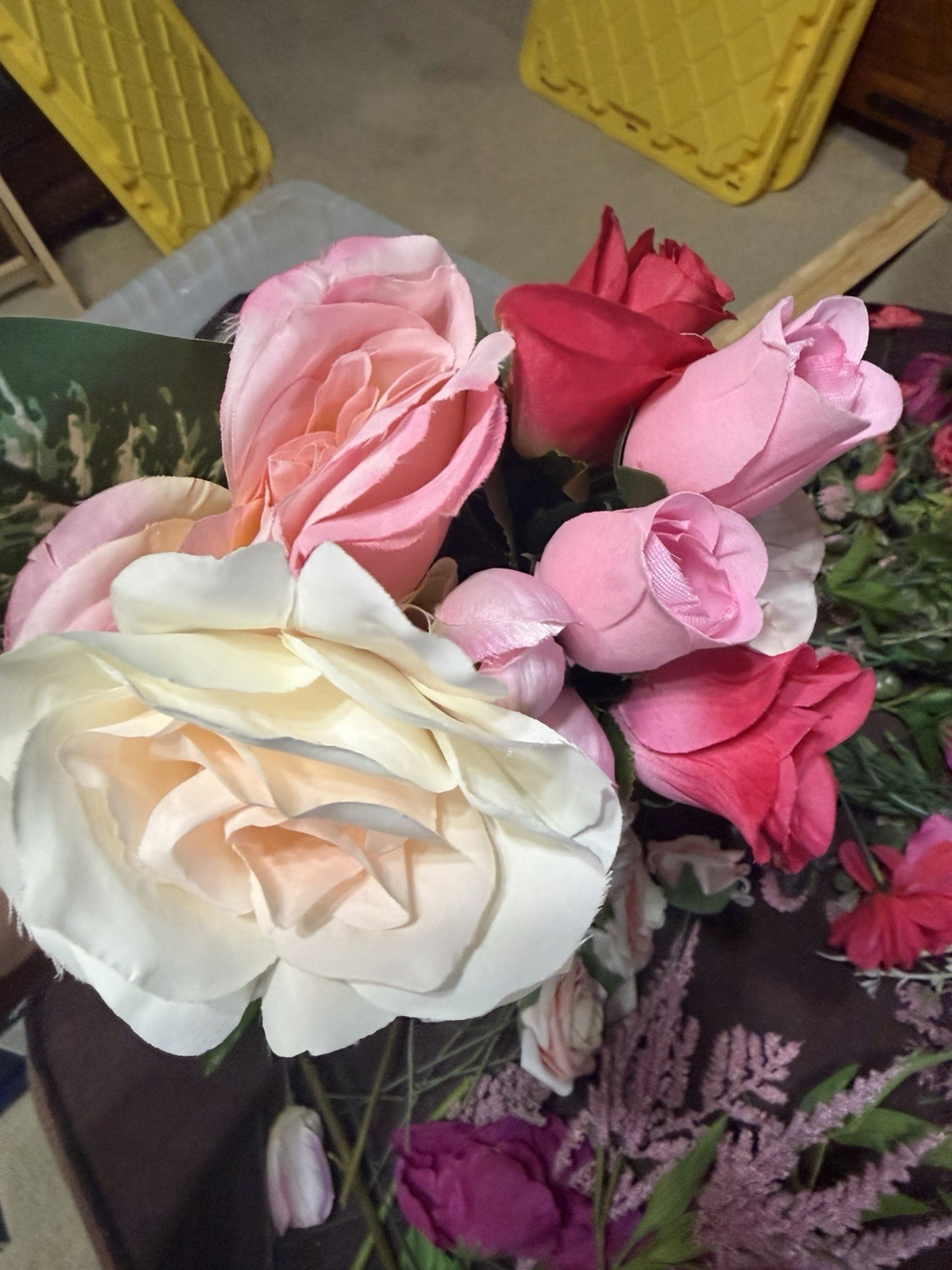 Large Lot / Box of Miscellaneous Artificial Silk Flowers – Bright Pink Shades