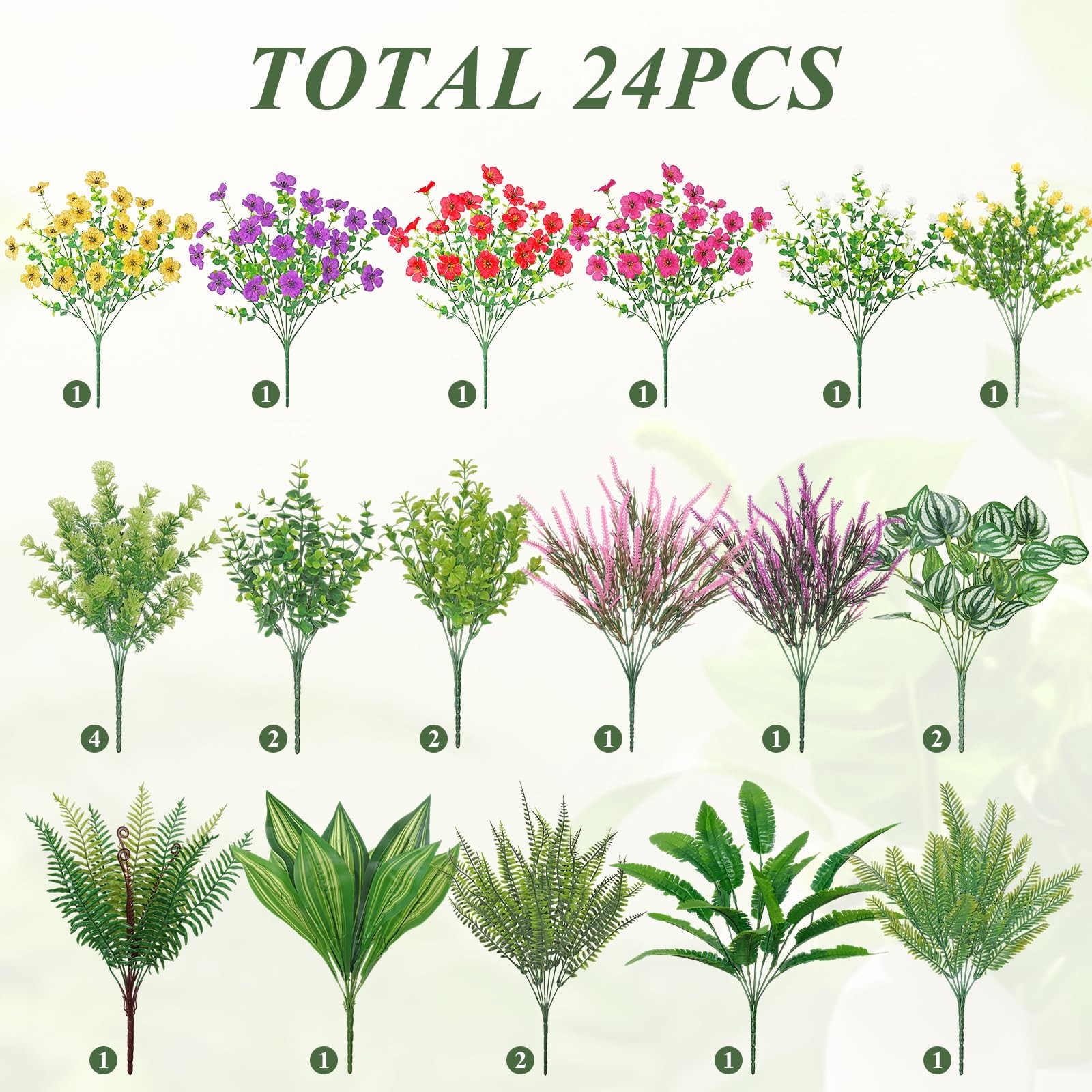 24 Bunches Artificial Plants Flowers for Outdoors UV Resistant Realistic Faux…