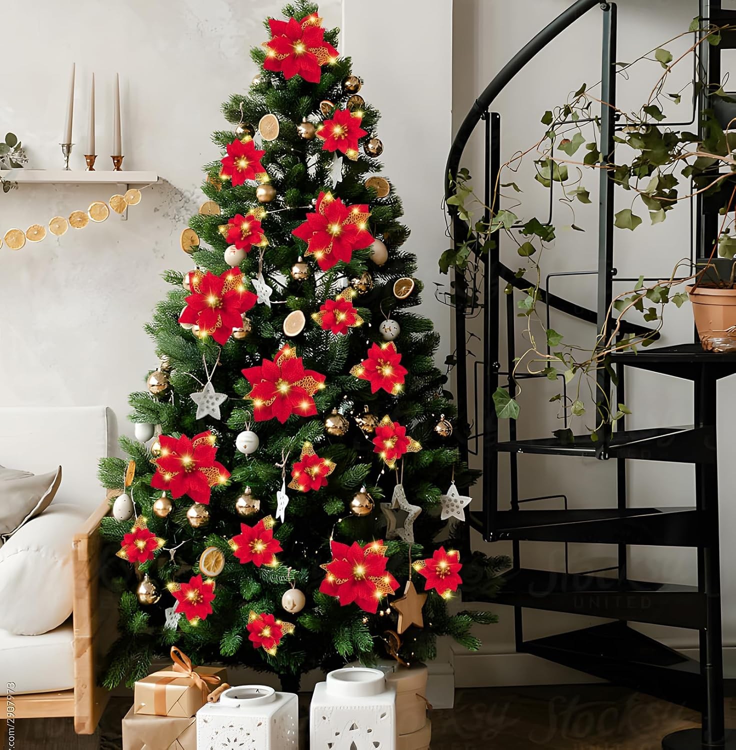 Geefuun 28PCS Christmas Tree Decorations: Poinsettias Artificial Flowers…