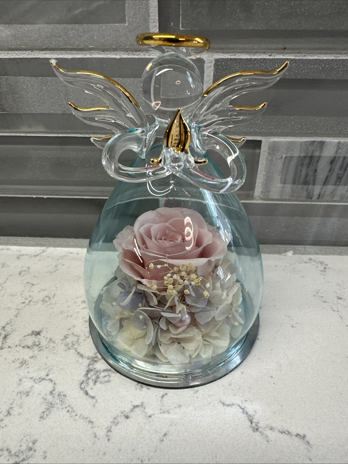 ANLUNOB Mother’s Day/Birthday Gift Glass Praying Angel w/Pink Rose Flower EUC!