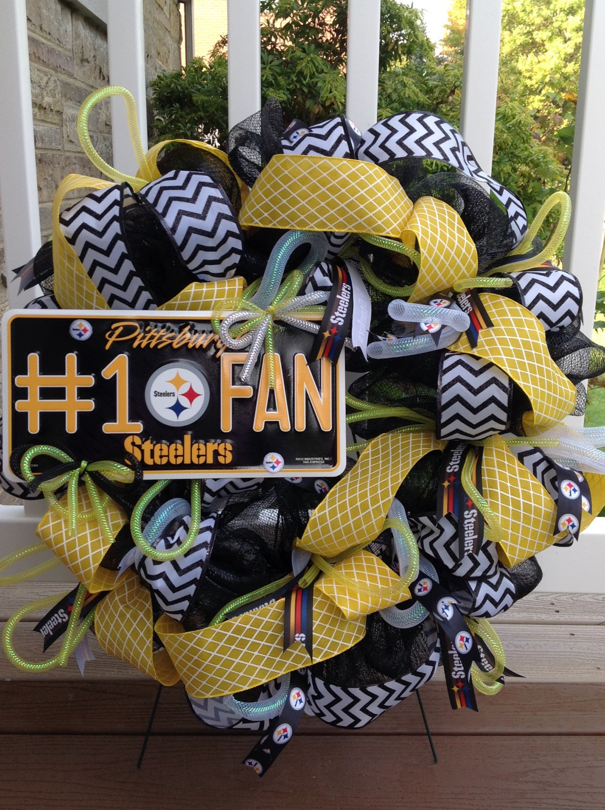 Handmade Pittsburgh Steeler black and yellow/gold football deco mesh wreath