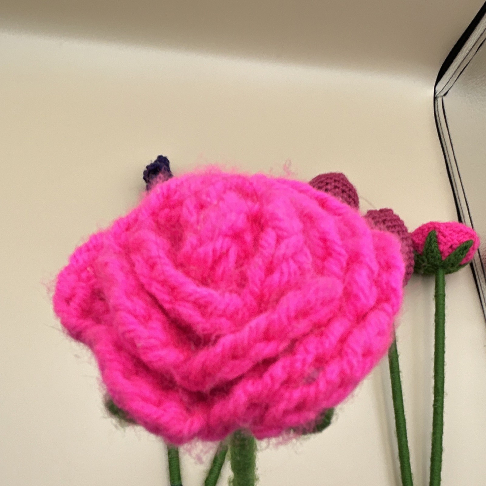 Handmade Yarn Crochet Flower Bouquet Pink Purple Green Rose Lavender Tulip