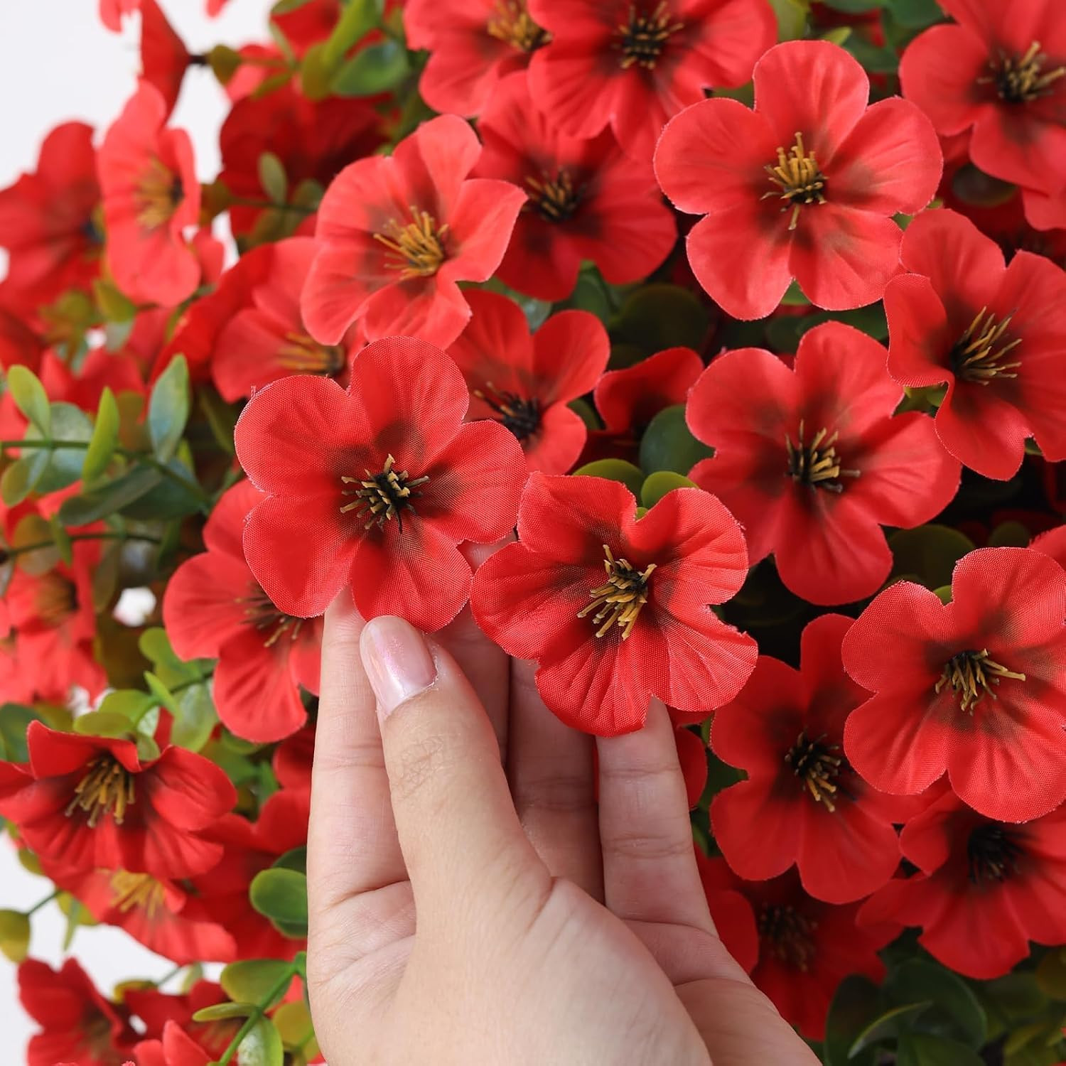 Red Artificial Morning Glory & Eucalyptus Hanging Baskets for Outdoor Decor