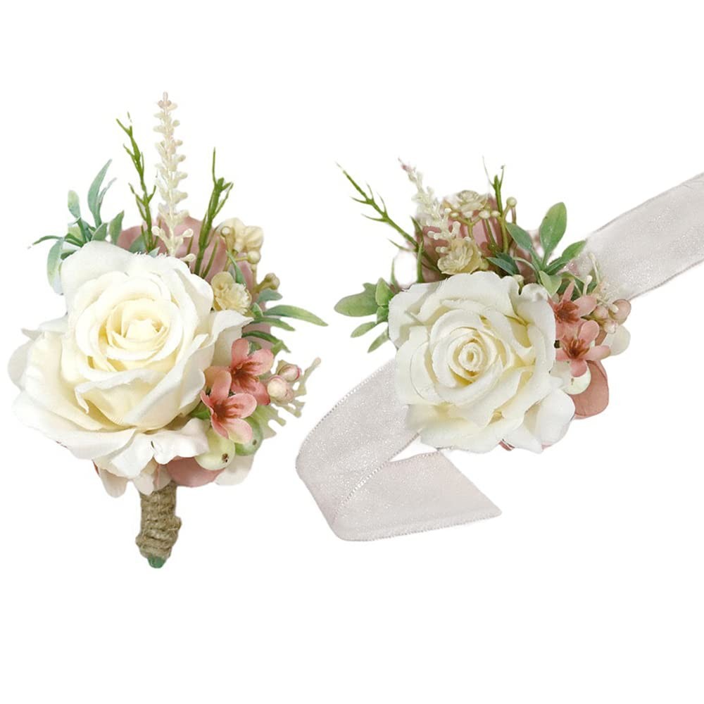Wrist Corsage and Boutonniere Set Artificial Rose Flowers Accessories for Gro…