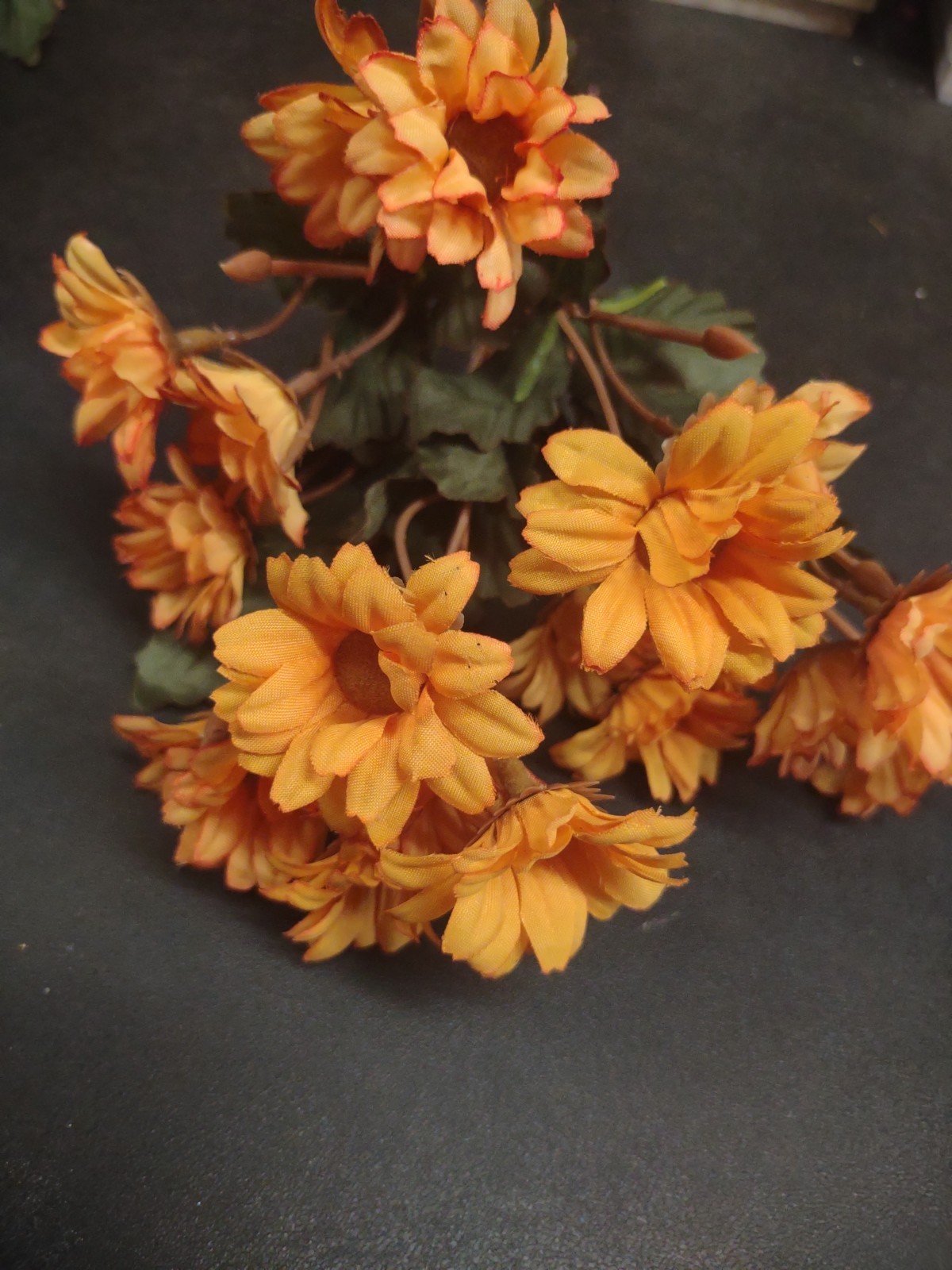 10″ Vintage Silk Mini Daisy Bush, 9 Stems, Butterscotch Peach Orange Daisies