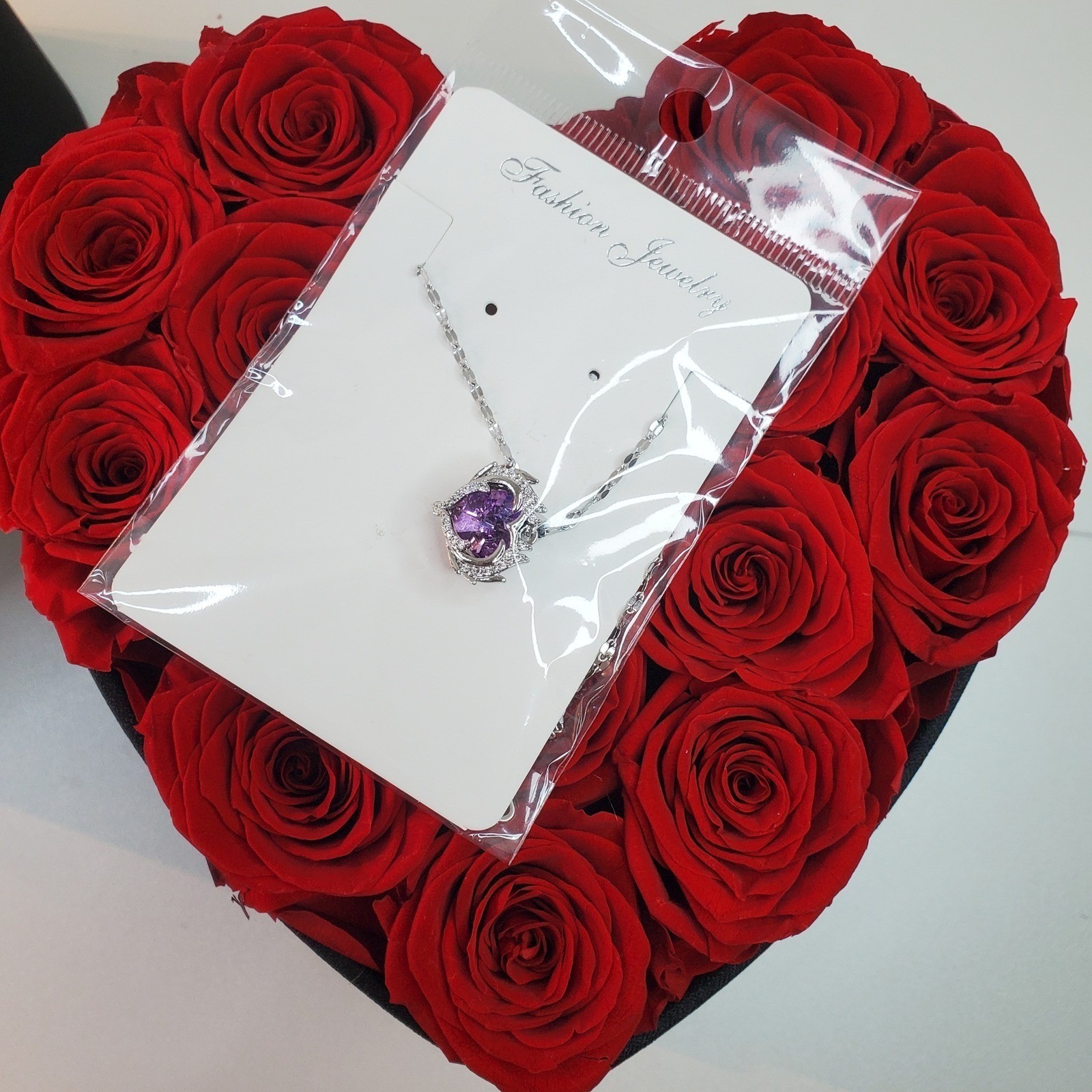 Preserved Red Roses 7″Gift Box with Purple Heart Pendant Necklace