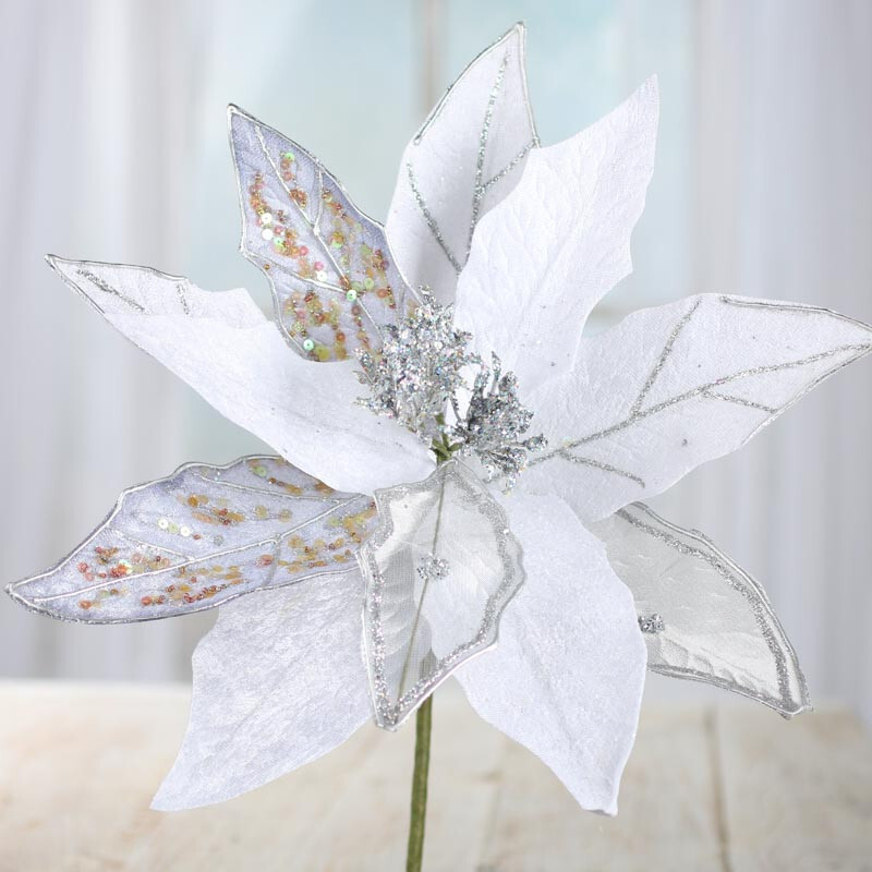 16″ Silver and White Velvet and Mesh Artificial Magnolia Leaf Stem