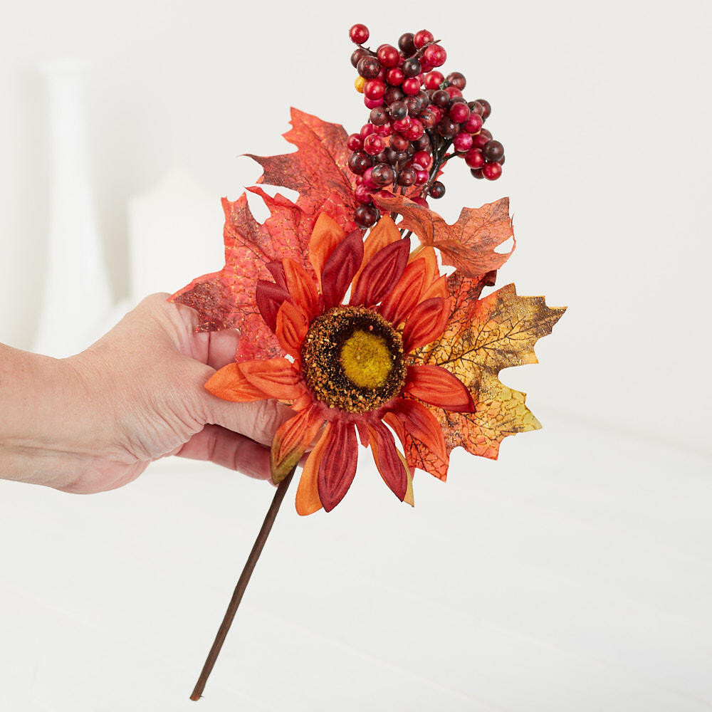Group of 4 Artificial Fall Leaf and Sunflower Floral Embellishing 12-1/2″ Picks