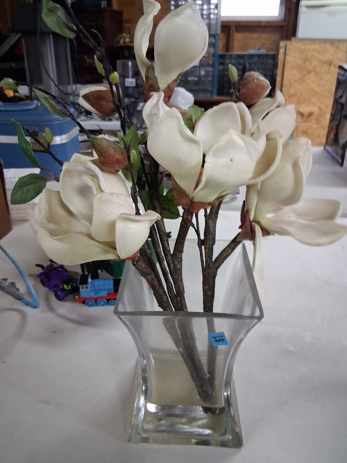 Artificial Magnolia Flower Arrangement in Square Glass Vase