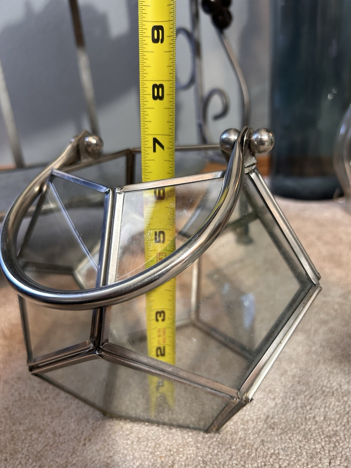 Geometric Glass Terrarium Basket with Metal Handle Pentagonal Display Holder 7”