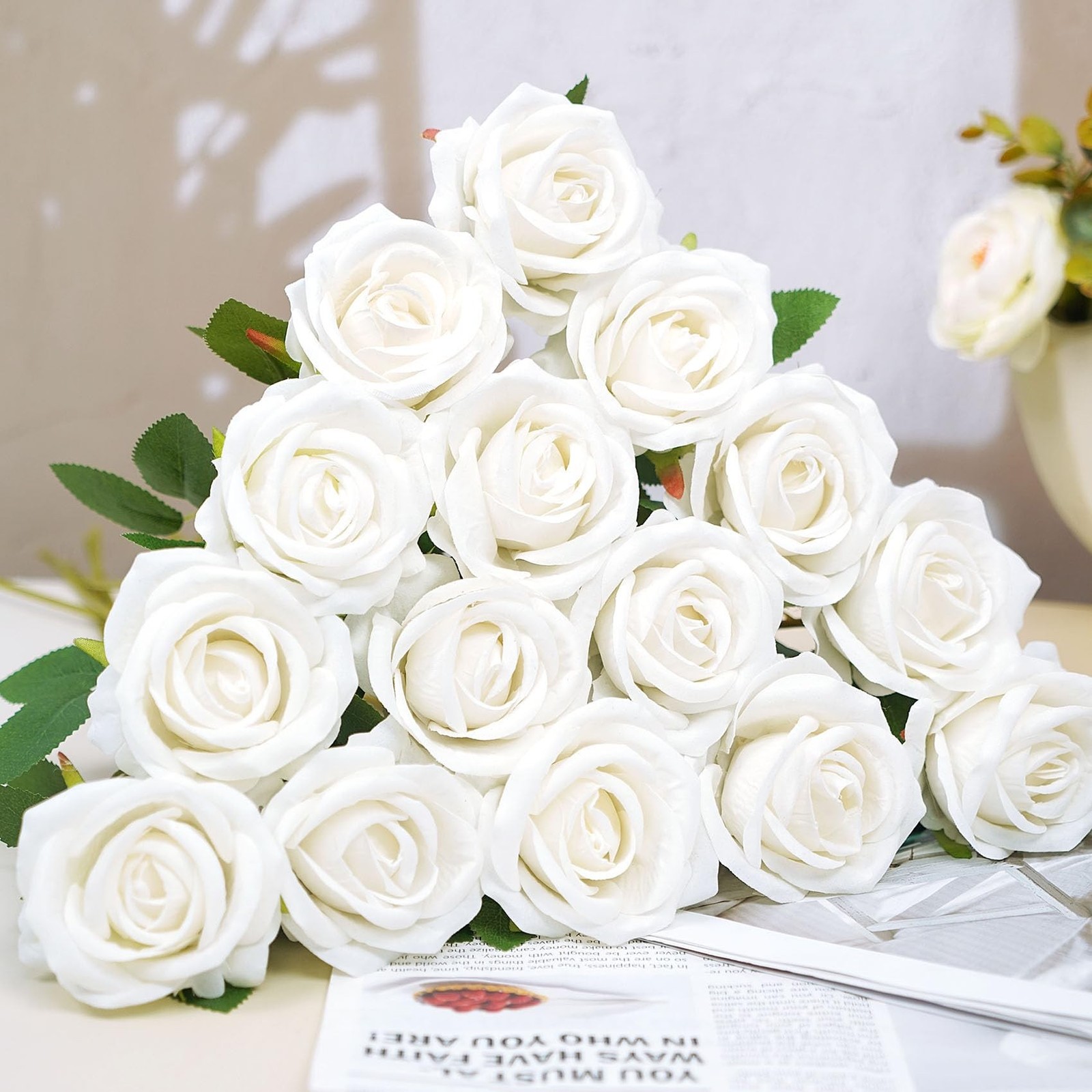 Ouddy Decor 100 Pcs Artificial White Roses – Long Stems