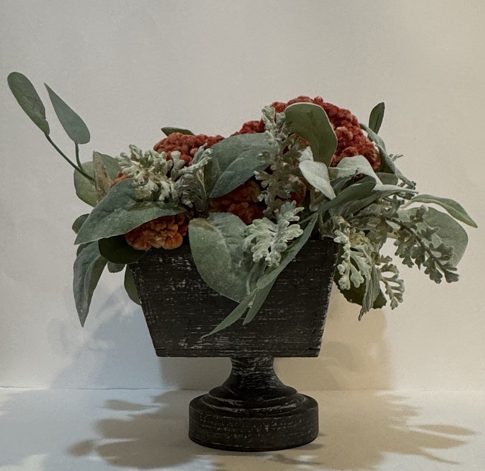 Orange Dried Floral Centerpiece Decor & Faux Green Leaves Metal Base Wooden Box