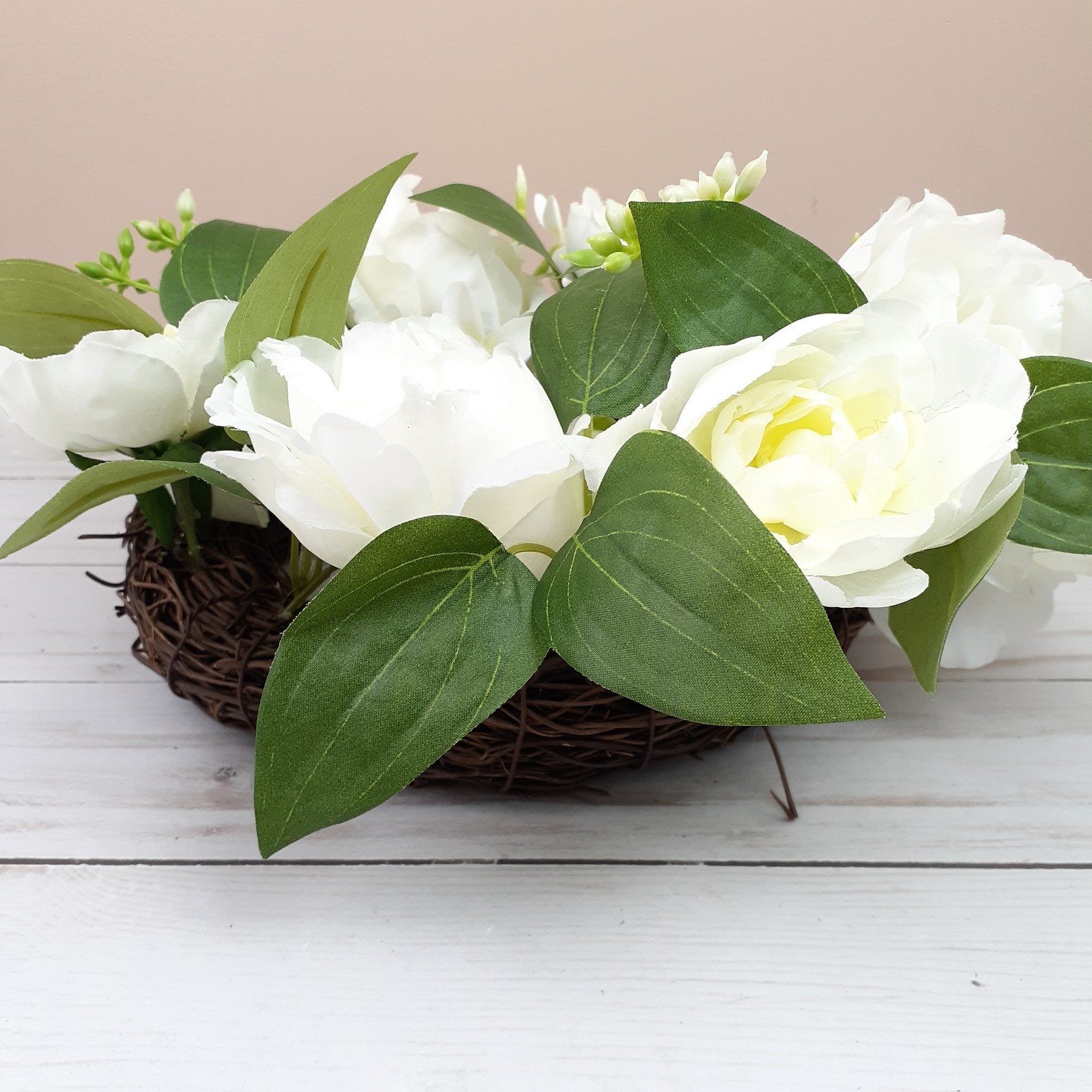 Candle Ring Wreath Cream Peony Rose Flowers Floral 5 in Inside 10 in Overall