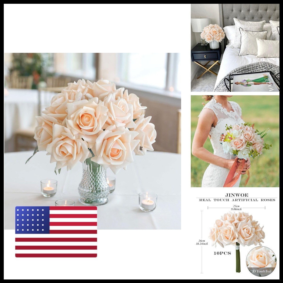 JINWOE 10pcs Cream Real Touch Roses Flowers, Lifelike Full Bridal Bouquet