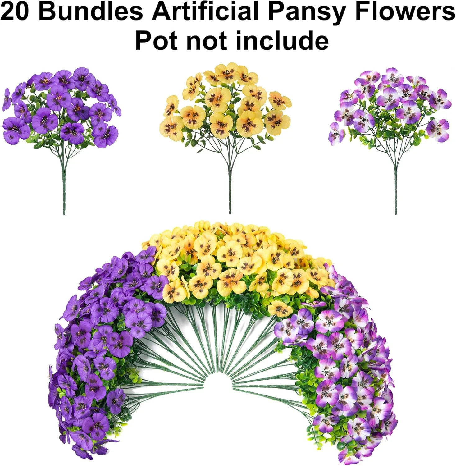 Ivydale 20PCS Artificial Fake Pansy Flowers for Outdoors Spring Summer Decor,Fau