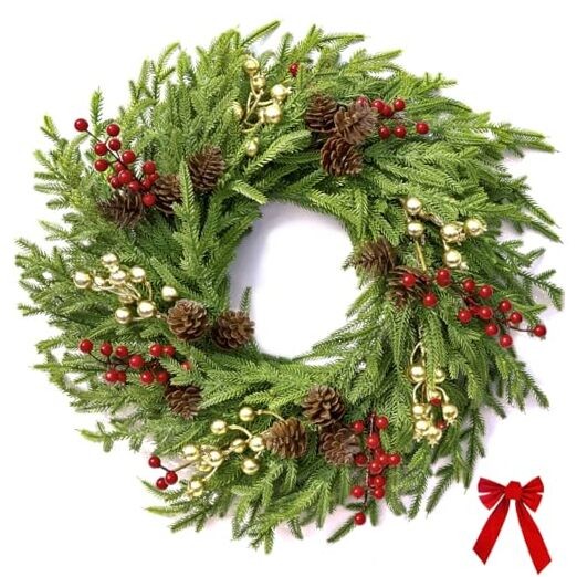 26″ Norfolk Pine Wreath, Large Greenery Wreath for Front Door, Green Year