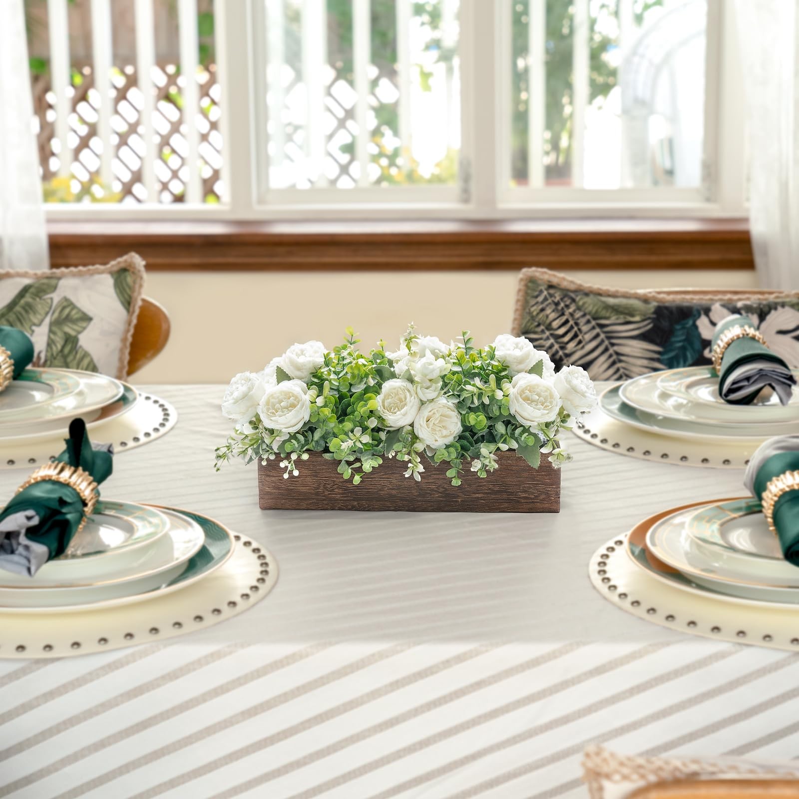 Artificial Flower Centerpiece Farmhouse Table Decor White Rose Wood Box Set
