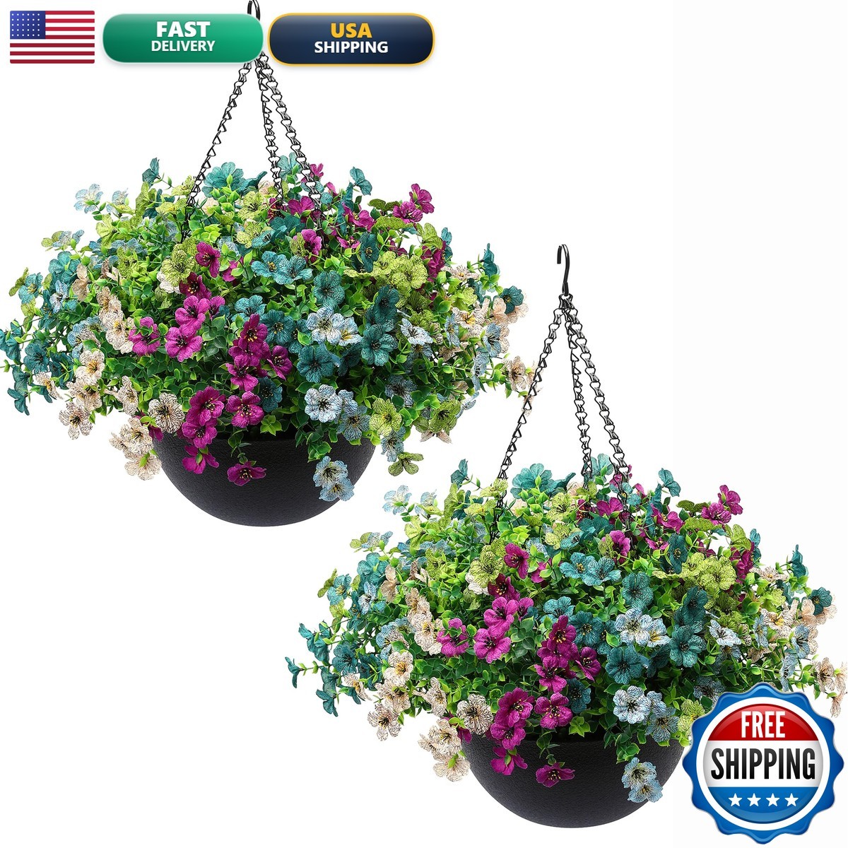JAKY-Global 2 Sets Artificial Hanging Plants Flowers Basket For Outdoors