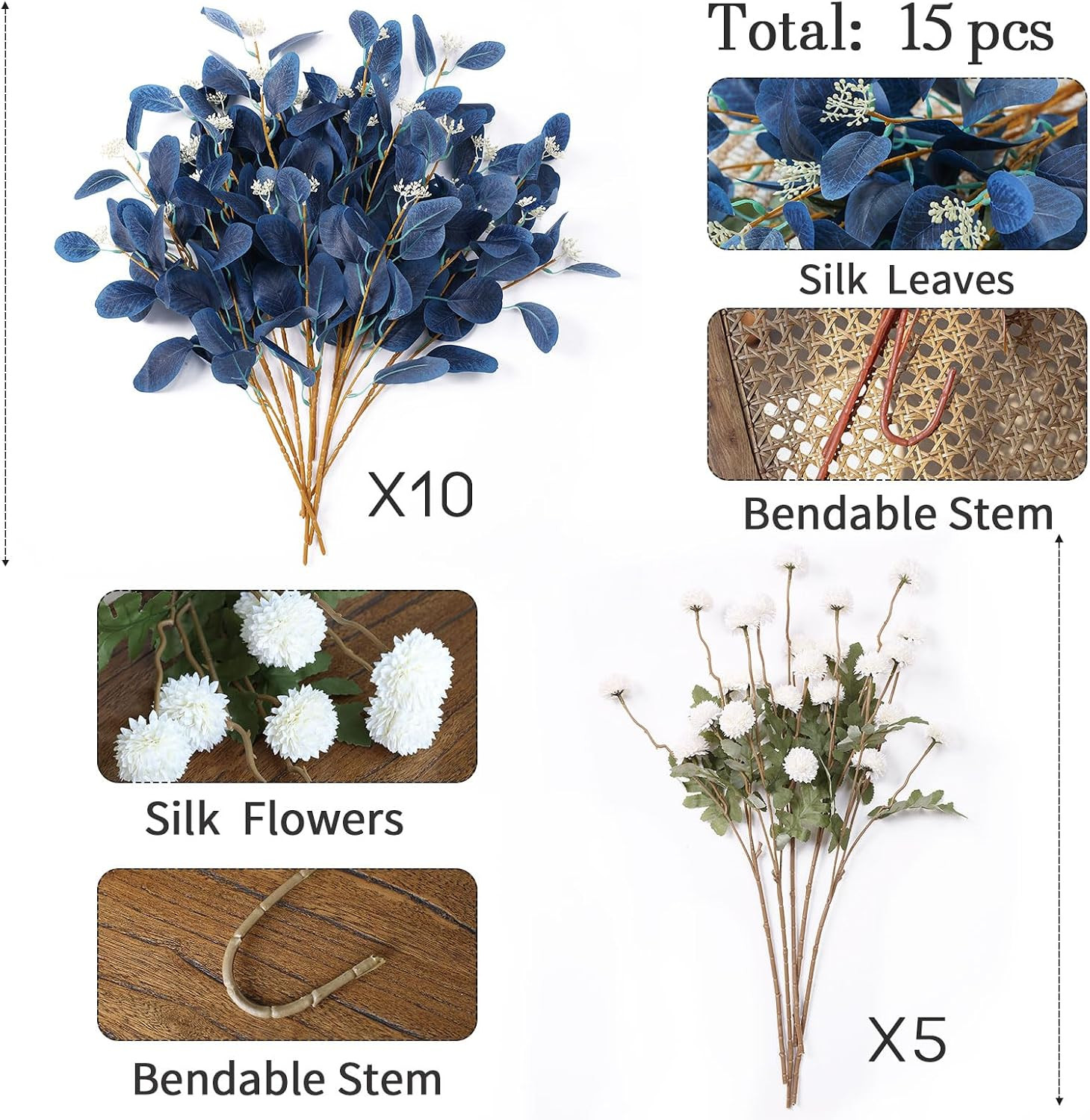 Blue Eucalyptus & Beige Silk Mums – 15Pcs Faux Floral Arrangement for Decor