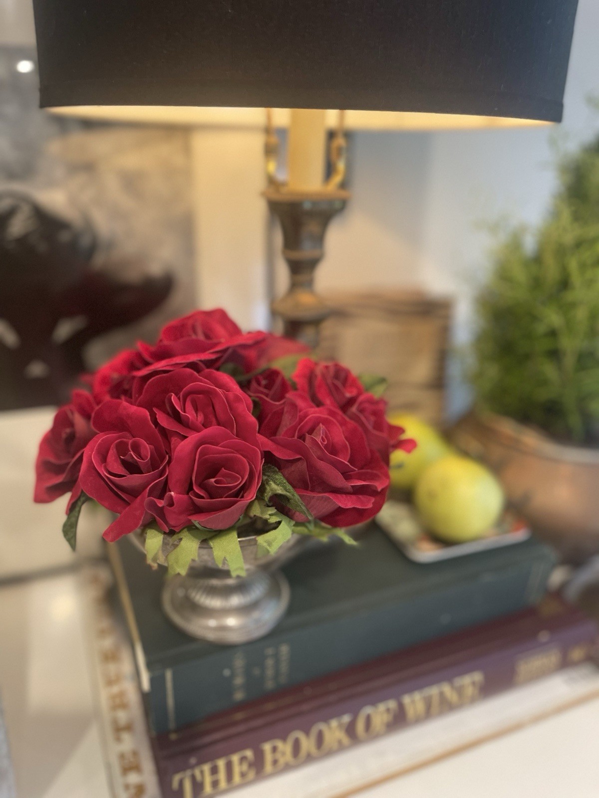 Faux Red Rose Small Arrangement In Aged Silver Pedestal Urn