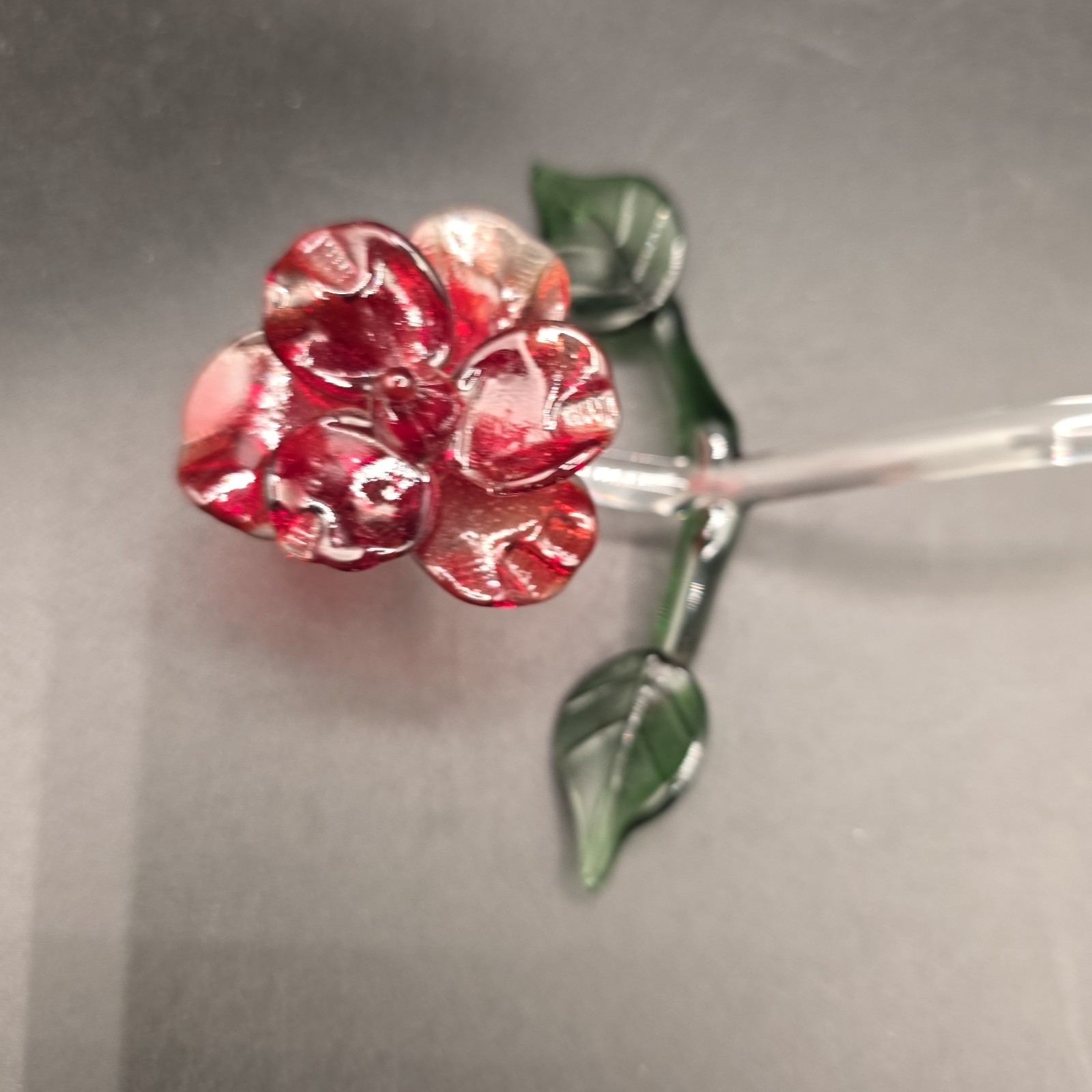 Glass Long Stem Red Rose with Green Leaves 10″ Applied Blown