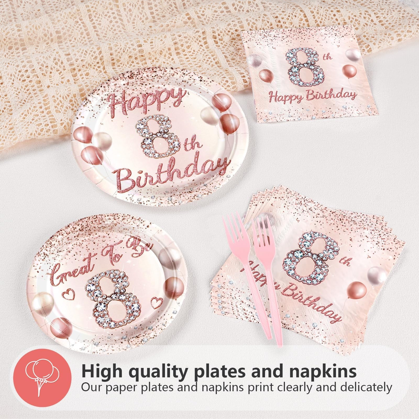 96 PCS 8th Birthday Party Supplies Girls Rose Gold Tableware Set Serves 24