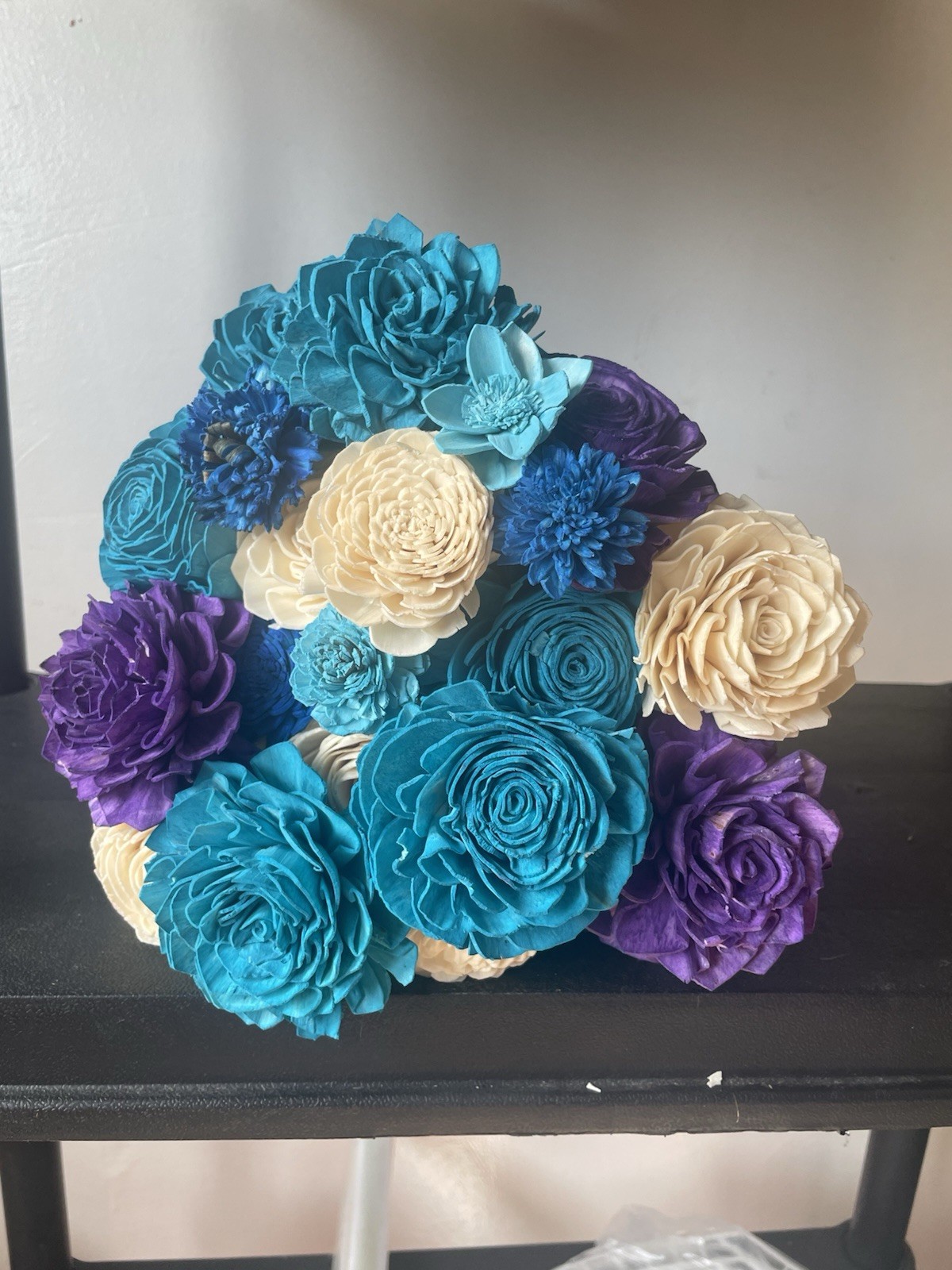 Handmade Wooden Flower Bouquet – Teal Purple Ivory