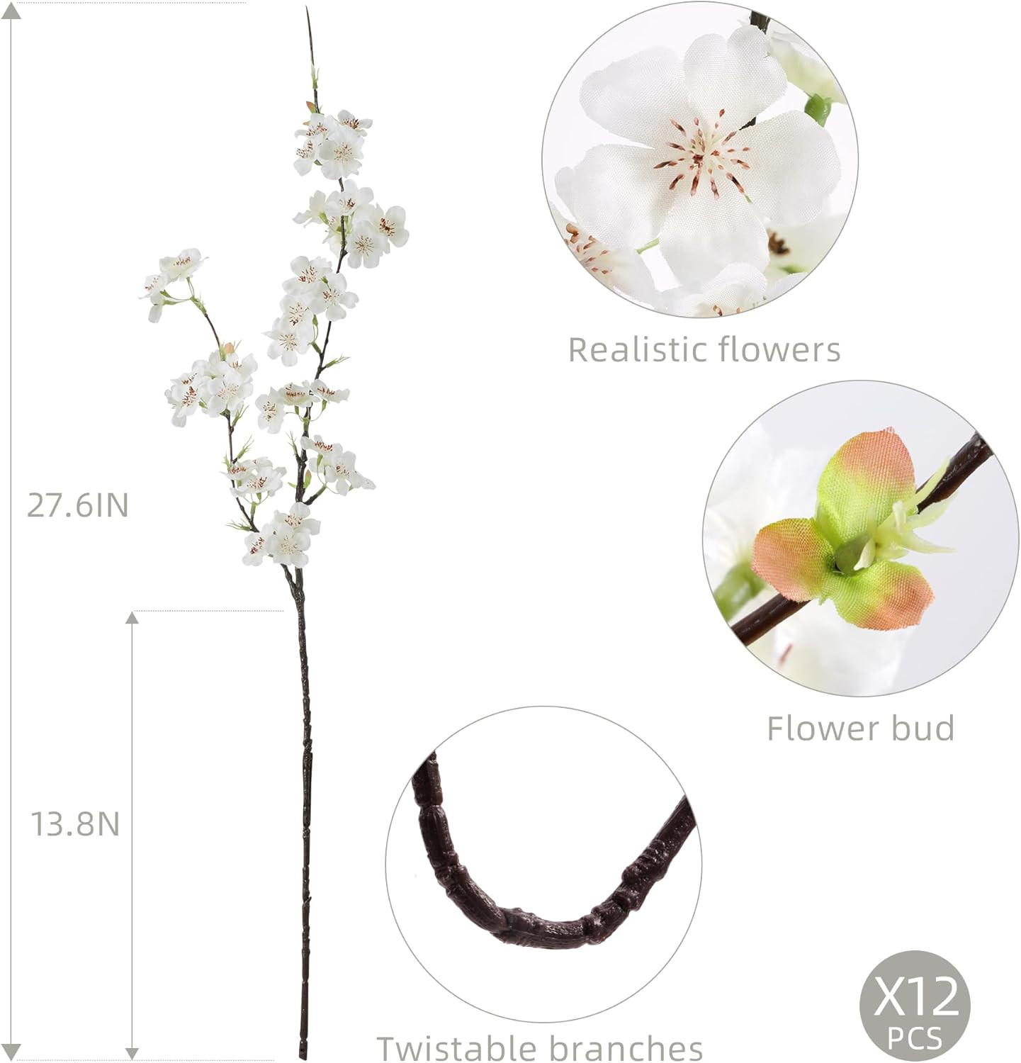 Silk Cherry Blossom Branches 27.6″ – 12Pcs White for Home & Wedding Decor