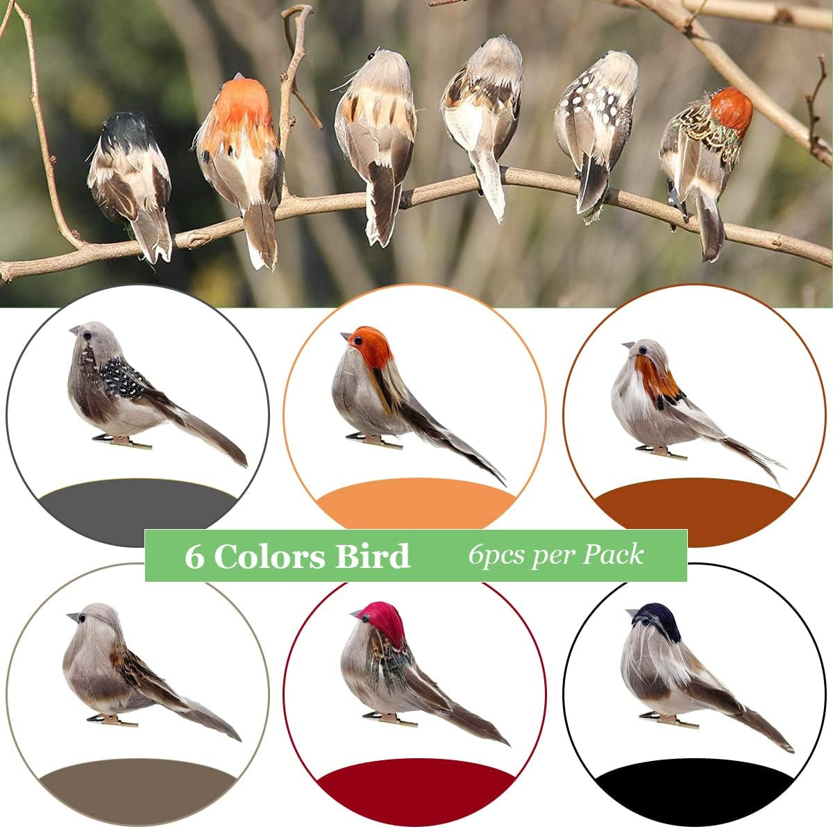 6pcs Artificial Birds Realistic 3.9-Inch Simulation Foam Feather Sparrow Bird Cl