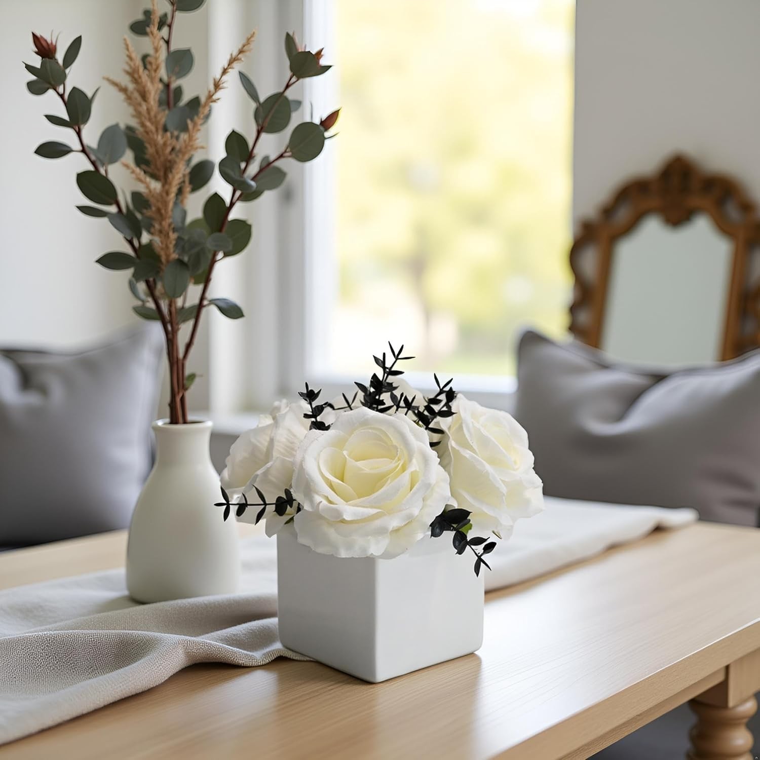 White Rose Artificial Flowers Vase Black Eucalyptus Faux Floral Modern Decor