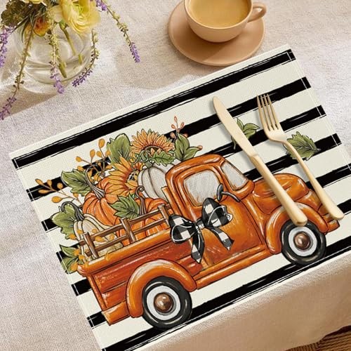 Happy Fall Hello Pumpkin Placemats Set of 6,Black Stripe Autumn Fall Black